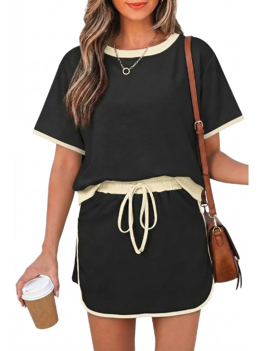 〽️Women's Shorts Set Black Short Sleeve Top Drawstring Skort Matching Outfit
